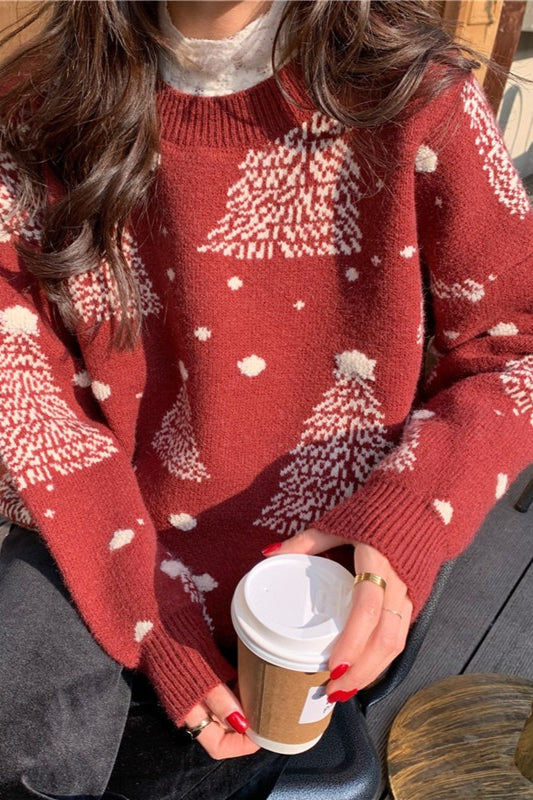 Color Block Snowflake Tree Pattern Knit Sweater