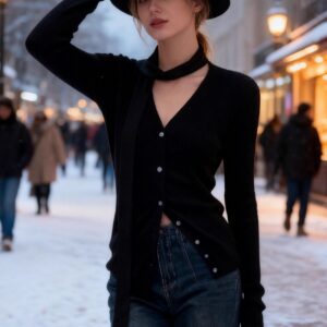 Chic Snood Neck Ribbed Knit Top