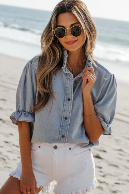 Bluebell Puff Sleeve Summer Chambray Shirt | Pre-Order