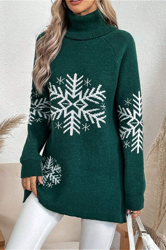 Solid Color Turtleneck Snowflake Print Sweater