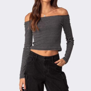 Slim Fit Striped Slit Neck Knit Top