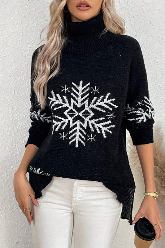 Solid Color Turtleneck Snowflake Print Sweater