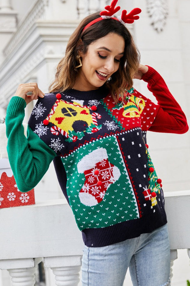 3D Pom Pom Polka Dot Contrast Sweater
